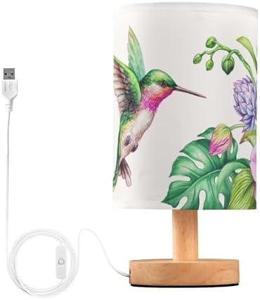 Table Lamp Flying Hummingbird Nature Tropical Orchid Flower Jungle Leaves Nightstand Lamp with Wood Base Fabric Lamp Shade Bedside Desk Lamp for Living Room Bedroom Kids Room Office