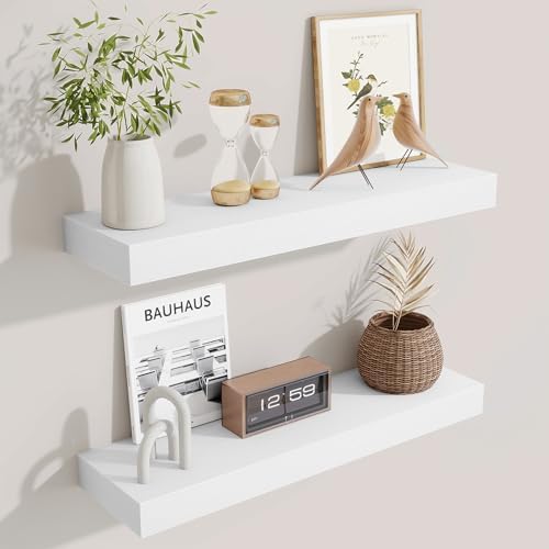 Fun Memories Floating Shelves Set of 2, 24 Inch Floating Shelves for Wall, Wood Wall Shelves with Invisible Brackets, for Bathroom, Bedroom, Living Room, Kitchen, White
