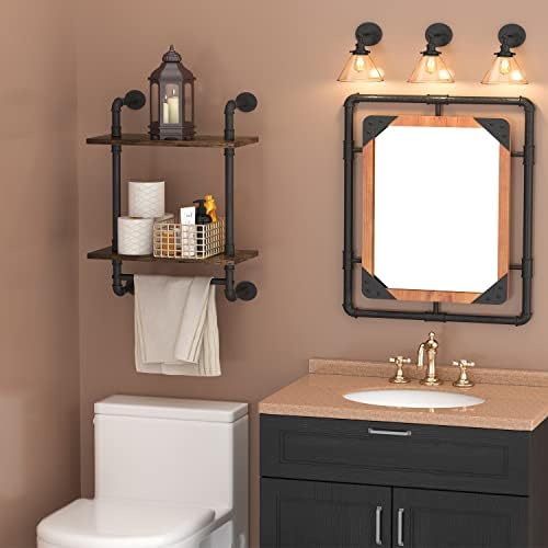 Helsin 2 Tier Industrial Pipe Floating Bathroom Shelves Wall Mounted with Towel Bar, Rustic Wood Wall Shelf, 16 Inch Metal Towel Rack Storage Bookshelf for Bathroom, Kitchen, Farmhouse, Living Room