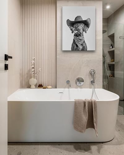 KensTro 12x16 Funny Vizsla Cowboy Bathroom Wall Art, Black and White | Black and White Vizsla Cowboy Canvas Wall Art with Humorous Animal Design for Bathroom, Powder Room or Guest Bath