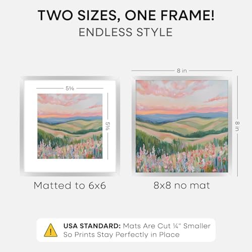 Homeforia 8x8 Silver Picture Frame, High-End Metal, 6x6 Mat, Glass