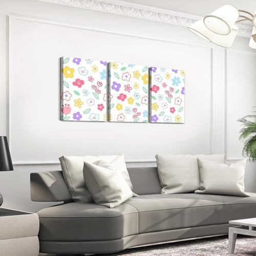 Feelyou Cute Flower 3 Piece Canvas Wall Art for Living Room Bedroom Colorful Floral Wall Art for Home DecorCartoon Hand-drawn Office Decor ArtworkBotanical Decor Picture Posters