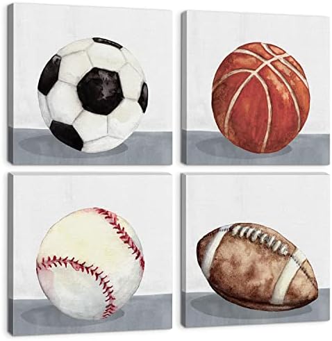 Sports Wall Art Boys Room Wall Decor Vintage Football Soccer Baseball Basketball Them Canvas Wall Arts for Kids Boy Bedroom Nursery Home Decoration 24x24" 4 Pcs Rustic Ball Artwork Painting Baby Gift