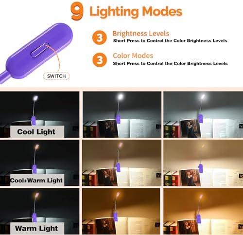 VAVOFO Rechargeable Book Light for Reading in Bed Kids, 7 LED Reading Light with 9-Level Warm Cool White Daylight, Eye Care Lamp with Power Indicator for Bookworms (Dark Purple)