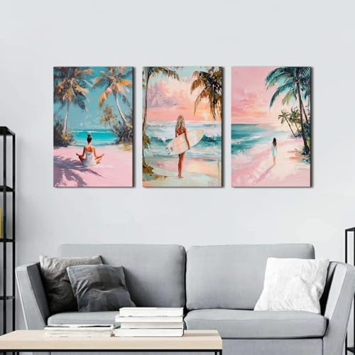 Trendy Pink Beach Canvas Wall Art Abstract Coastal Wall Decor Preppy Yoga Girls Canvas Pictures Aesthetic Ocean Seascape Painting Artwork for Girls Bedroom Bathroom Home Decorations 16x24" 3Pcs