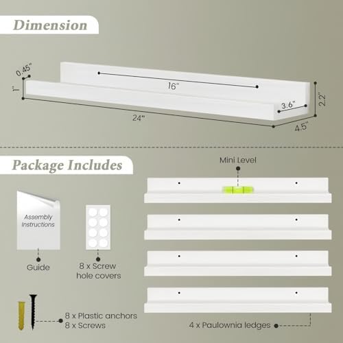 24 Inch Floating Nursery Book Shelves, White Picture Ledge Shelf 4-Pack