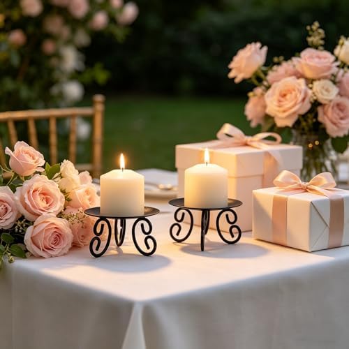 Hosley Set of 2 Black Iron Pillar Candle Holders - 5 Inch Heavy Duty Round Plate Stand with Scroll Feet for LED or Wax Candles - Rustic Farmhouse Table Centerpiece Decor for Wedding, Spa, Home Altar