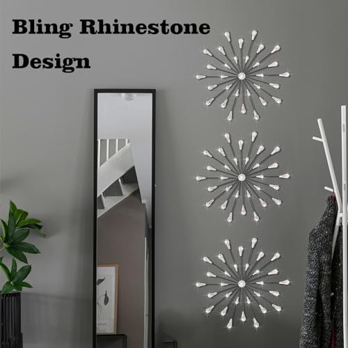 ZEXUIRU 3 Set Black Starburst Wall Art for Home Decor Metal Bling Crystal Rhinestones Sunburst Wall Decor Sparkling Rhinestone Art Accent Black - 18in