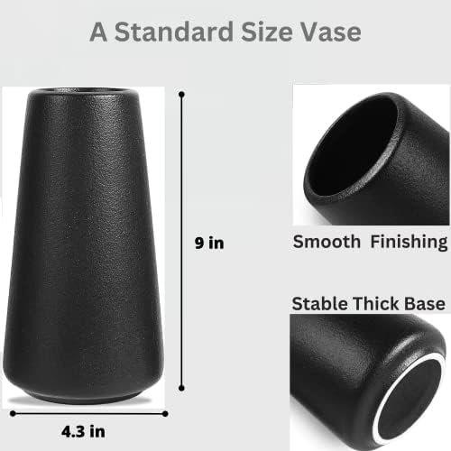 Premium Quality Large Ceramic Black Vase - 9 inch | Flower Vase for Home Decor, Farmhouse, Modern, Bohemian & Aesthetic Room Decor