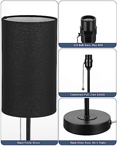 Small Table Lamps Set of 2 Desk Lamps for Living Room 3 Way Dimmable Black Nightstand Lamps with Metal Base Fabric Shade | Pull Chain Bedside Lamps for Bedrooms 18.5 Inches Lamp (Bulbs Included)