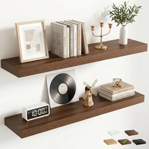 FLYJOE 30 Inch Floating Shelves for Wall Set of 2, 6.5" D Wood Grain Bathroom Shelves with Invisible Brackets, Easy Install Engineered Wood Storage Shelves for Kitchen, Living Room, Bedroom