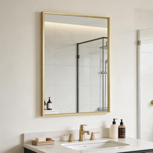 Bathroom Mirror for Wall, 30x20 Inch Framed Vanity Mirror Brushed Gold | Rectanglar Metal Beveled Framed Mirror for Over Sink, Tempered Glass, Anti-Rust, Hangs Horizontally or Vertically