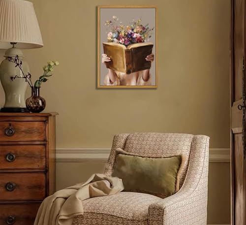 ONSKMDANT Framed Vintage Floral Reading Woman Canvas Wall Art 16x24 Inch | Floral Literary Theme, Vintage Preppy Aesthetic, Perfect For Library, Living Room, Bedroom, Ready To Hang