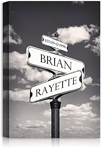 A&T ARTWORK Street Sign Black and White Canvas Prints Gift Your Names,the Date and romantic verses or write your own message Gift for Anniversary,Valentine's day,Wedding. 12X18 inches