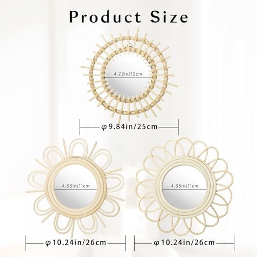 Briful Beige Wall Mirrors Decor Set of 3 Wooden Round Wall Mirrors Wall-Mounted Sunburst Mirrors Hanging Wall Art for Living Room Home Indoor Bedroom Decor