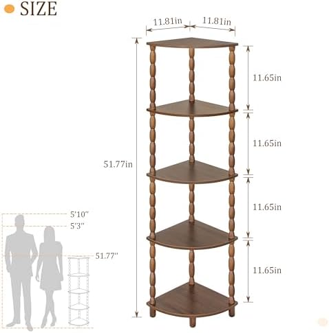 MaxSmeo Corner Shelf, 5-Tier Corner Bookshelf for Small Spaces, Vintage Corner Storage Display Shelves for Bedroom, Bathroom, Kitchen, Living Room (Walnut Brown)