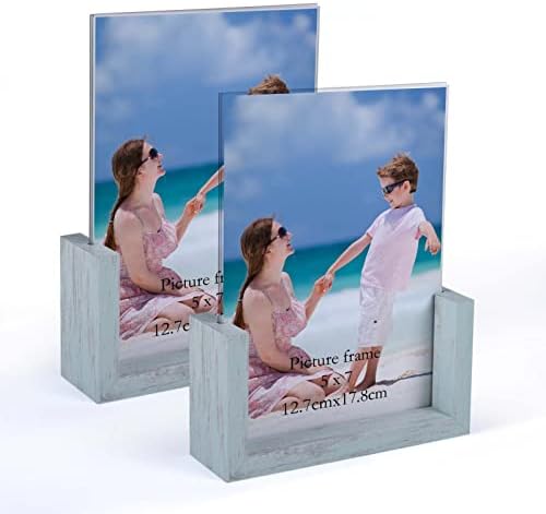 PETAFLOP 5x7 Picture Frame 2 Pack, Double Sided Glass Photo Frame 5 by 7 U-Shaped Blue Picture Frames 5x7 for Desktop or Tabletop