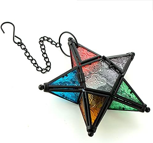 Sziqiqi Glass Star Tealight Lantern, Hanging Star Candle Holder, Colorful