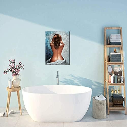 Wall Art for Bathroom Woman Painting Canvas Print Art Black White Blue Framed Wall Art Bedroom Home Wall Décor 16x24inch