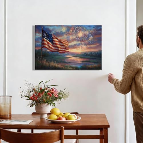 RIBNTAK 4th of July Canvas Art – Vibrant American Flag & Fireworks, Patriotic Wall Art for Independence Day, Perfect for Living Room, Office, Holiday Decorations and Inspirational Artwork
