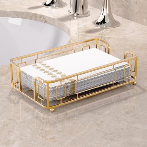 Guest Hand Towel Holder Tray for Bathroom Countertop, Gold Metal