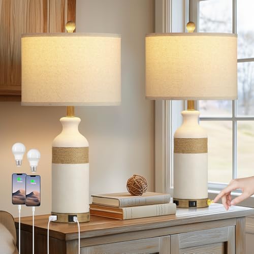 Cinkeda Boho Rattan Table Lamps for Bedroom Nightstand 26" Farmhouse Bedside lamp Set of 2 with USB C+A Ports & AC Outlet,3-Way Dimmable Touch Control Vintage Lamps for Living Room(Include Bulbs)
