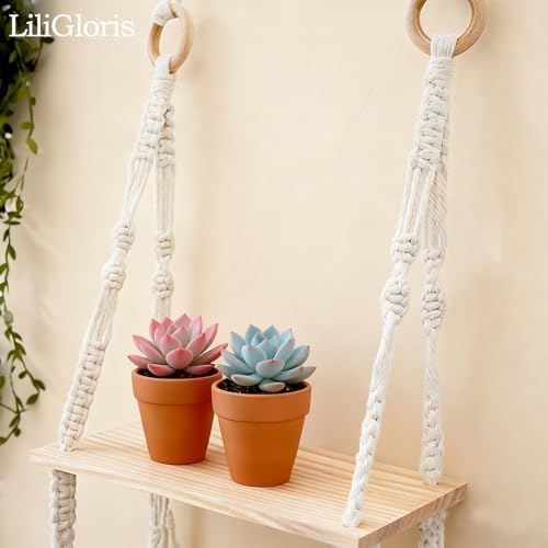 3-Tier Boho Hanging Shelves for Wall - Rustic Floating Wood Shelves with Rope, Macrame Plant Shelf Organizer for Home Decor - Farmhouse, Bohemian Style for Bedroom