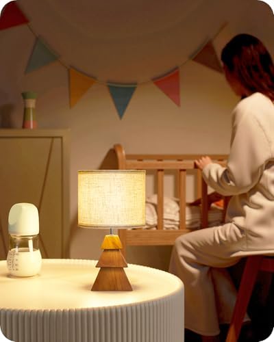 Wood Table Lamp, Wood Bedside Lamp with Tree-Shaped Base & Linen Lampshade, Modern Cute Desk Lamp for Living Room, Bedroom, E26 Base, Bulb Not Included, Beige and Dark Natural LE08TL05