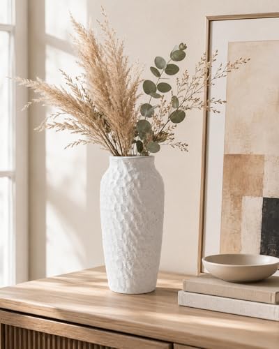 12.4 Inch Large White Textured Ceramic Tall Vase for Rustic Home Decor | For dried flowers and pampas grass on tables, shelves and living room displays