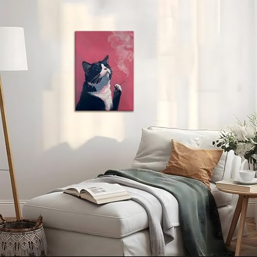 Framed Funny Black Cat Wall Art Canvas Print, pink Cool Cat Illustration Poster Wall Decor, Quirky Modern Cat Artwork for Living Room Bedroom Bathroom Kitchen Decor 12x16 Inch