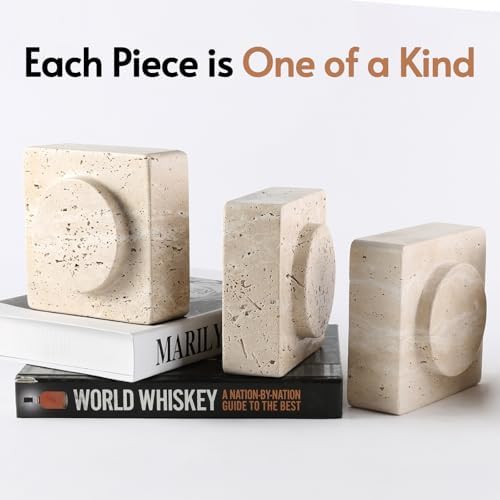 Koville Marble Square Book Ends, Heavy Duty Book Holders, Bookends for Shelves, Office Bookshelf Decor for CDs/Video Games(Travertino Romano)