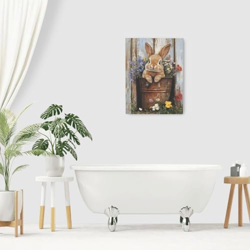 Crekviy Farmhouse Rabbit Decor Wall Art Vintage Bunny Flower Canvas Prints Painting Rustic Cute Animal Artwork Home Decorations for Bathroom Bedroom Living Room Framed Gifts 12"x16"