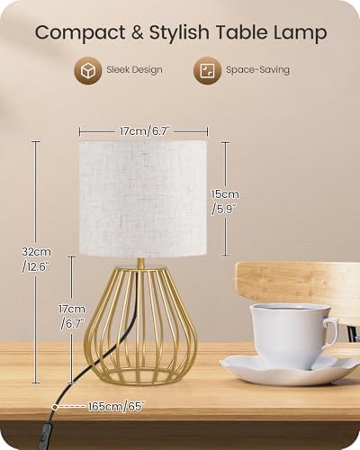 Gold Table Lamp, 12.6'' Small Table Lamp with Beige Linen Lampshade & Gold Cage Base, Modern Little Cute Desk Lamp, Bedside Lamp for Bedroom, Living Room, 2700K LED Bulb Included, DE06TL05