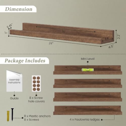 Forbena 24 Inch Floating Shelves for Wall Set of 4, 24 Inch Wooden Floating Shelves with Lip (Walnut)