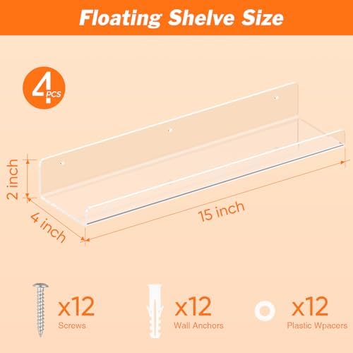Dooiclear 4 Pack Floating Shelves for Wall, 15" Clear Floating Wall Shelf