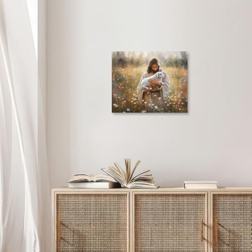 B BLINGBLING Jesus Holding Lamb Wall Art Christian Canvas Print for Home Decor | Inspirational Religious Picture for Living Room Bedroom Church Office | Ready to Hang | 12x15 inch