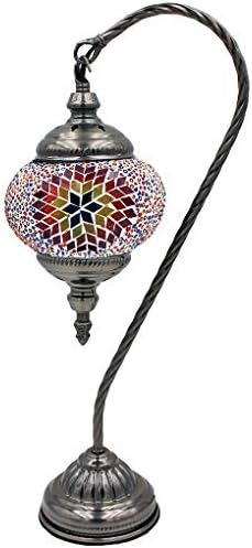 SILVERFEVER Handcrafted Mosaic Turkish Lamp Moroccan Glass Table Desk Bedside Light Bronze Base with E12 Bulb (Starburst Lattern)