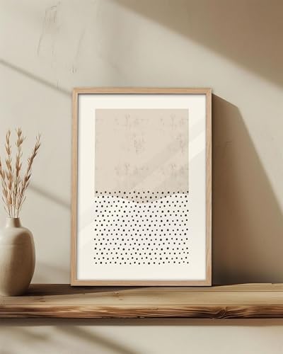 KensTro 12x16 Oak Framed Beige Christian Abstract Wall Art | Natural Oak Wood Frame with Beige Texture and Black Dot Pattern, Minimalist Faith-Inspired Decor for Living Room or Bedroom