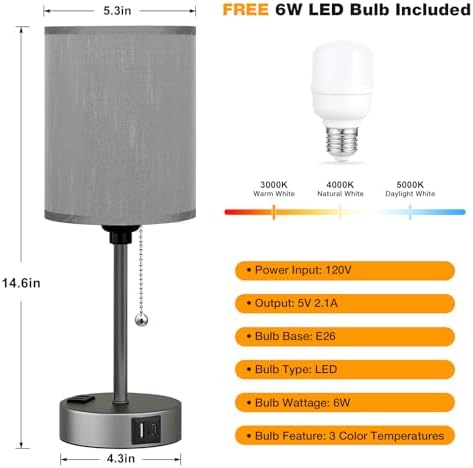 Small Bedside Table Lamp for Bedroom, Desk Lamp with USB Ports for Dorm