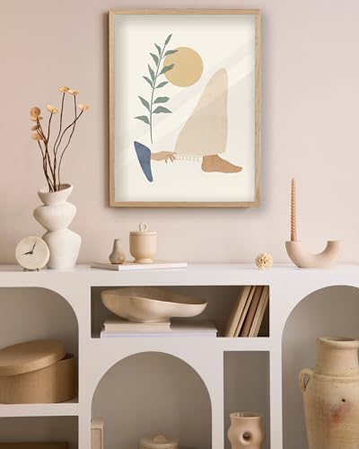 KensTro 16x20 Oak Framed Woman Touches Jesus' Robe Christian Wall Art | Natural Oak Wood Frame with Minimalist Biblical Healing Scene, Neutral Faith Decor for Living Room, Bedroom or Prayer Space