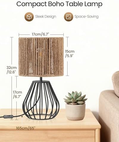 Rattan Table Lamp, Boho Table Lamp, Small Bedside Lamp, Handwoven Paper Lampshade, 2700K LED Bulb Included, Boho Desk Lamp, Modern Nightstand Lamp for Bedroom, Living Room, Striped SW06TL05