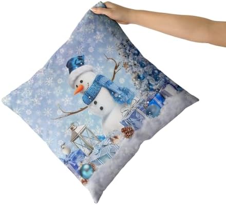 Giwawa Winter Blue Snowman Pillow Covers Set of 2, Xmas Tree Bird Present Snowflakes Decorative Square Pillow Cases, 16"x16" Soft Cotton Throw Cushion Covers for Sofa Porch Living Room