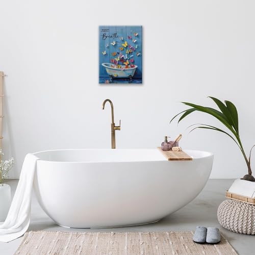 Butterfly Bathroom Wall Art Farmhouse Bathroom Decor Rustic Country Butterfly Canvas Painting Prints Just Breathe Pictures Artwork Decoration Framed for Toilet Restroom Gifts for Women Girl 16"x20"