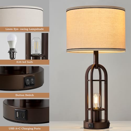 SRJJA Farmhouse Table Lamps for Living Room Bedroom Set of 2 - Rustic Industrial Bedside Lamps for Night Stands with USB A+C, 24" Vintage Nightstand Lamp with Night Light, Bulbs Included