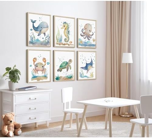 Nursery Sea Animal Wall Decor Set of 6 Ocean Watercolor Canvas Wall Art Baby Boys Room Wall Art Ocean Sea Animal Pictures Kids Girl Art Prints Nursery Artwork for Bedroom 12x16 Inch Framed