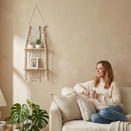 2 Packs Macrame Wall Hanging Shelf 2 Tier Handmade Boho Hanging Wall Shelf Floating Woven Rope Decorative Storage Racks Holder Organizer for Home Bedroom Bathroom Plants, Beige