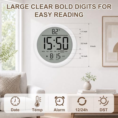 8" Round Digital Wall Clock Battery-Operated, Large Display Clock