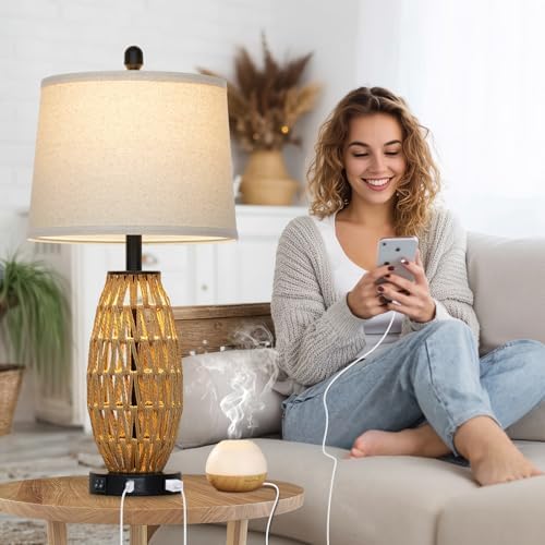 27" Boho Rattan Table Lamp Single, Wicker Bedroom Lamp with Night Light, Woven Coastal Bedside Lamps for Nightstand with USB A+C Charging Port & AC Outlet, Farmhouse Lamps for Living Room