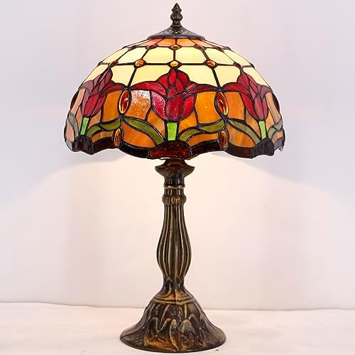 WERFACTORY Tiffany Table Lamp Stained Glass Style Tulip Flower Bedside Reading Desk Light 12X12X18 Inches Decor Bedroom Living Room Home Office S030 Series