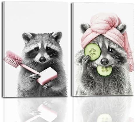 Funny Raccoon Bathroom Wall Art Black White Pink Animal Canvas Prints | Whimsical Skincare Raccoon Painting Black White With Soft Pink Picture Wall Decor for Kids Bathroom Restroom Washroom 16x24In